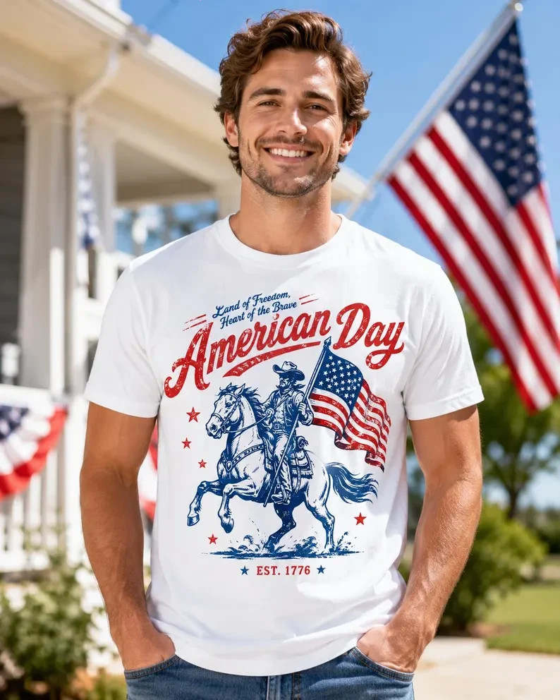 Day Cowboy Horse Shirt, Patriotic Western Tee, Flag Rodeo Apparel tee