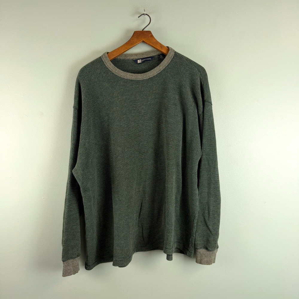 American Eagle Mens LG Green Waffle Longsleeve 2000s 100% Cotton Shirt Sweater