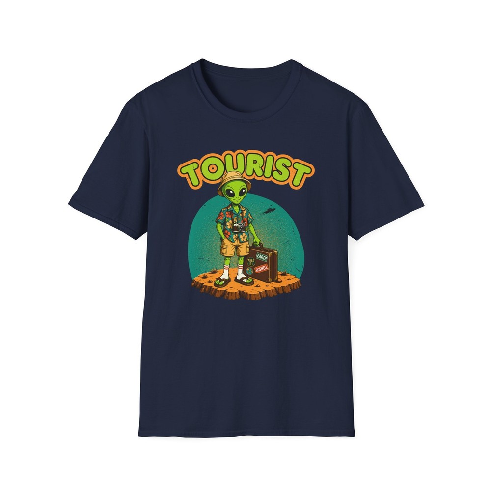 Funny Alien Tourist Retro Cartoon Hawaiian Shirt UFO Sci-Fi Graphic T-Shirt