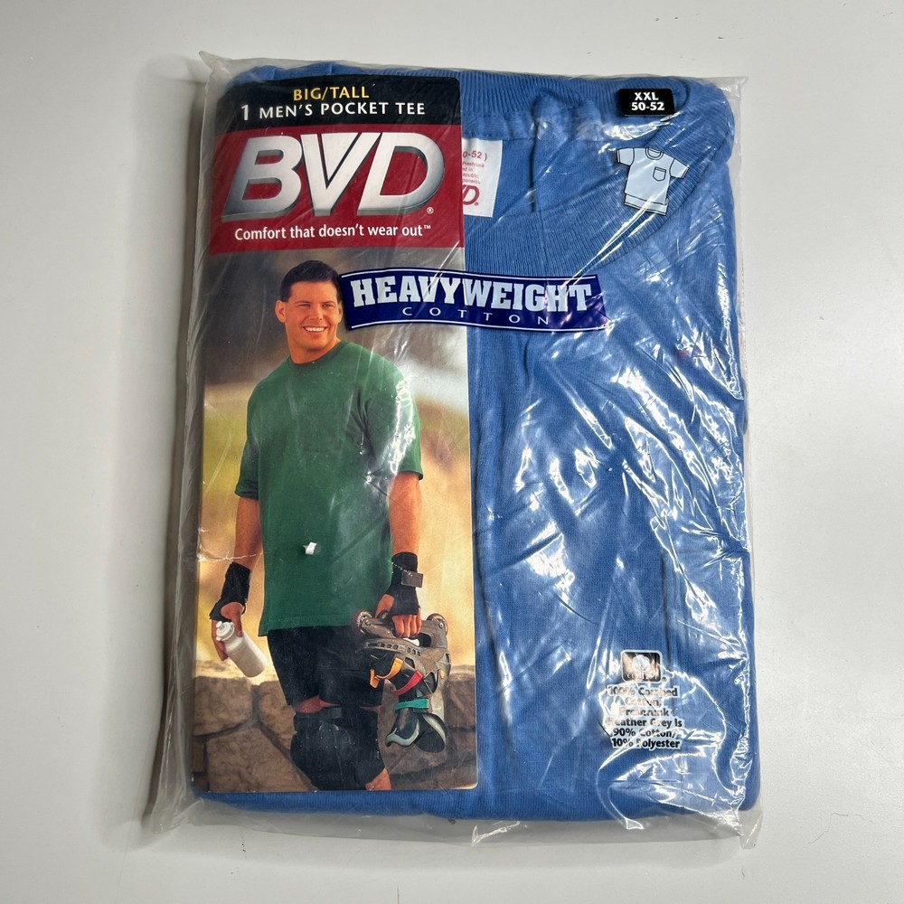 90s BVD Big & Tall Men’s Pocket T-Shirt XXL 50-52 Heavyweight Cotton Blue NEW 98