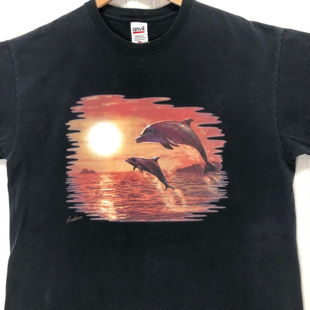 Dolphin Graphic T-Shirt Sunset Ocean Print Short Sleeve Anvil Men’s Size XL