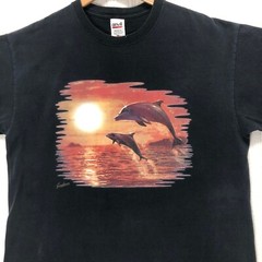 Dolphin Graphic T-Shirt Sunset Ocean Print Short Sleeve Anvil Men’s Size XL