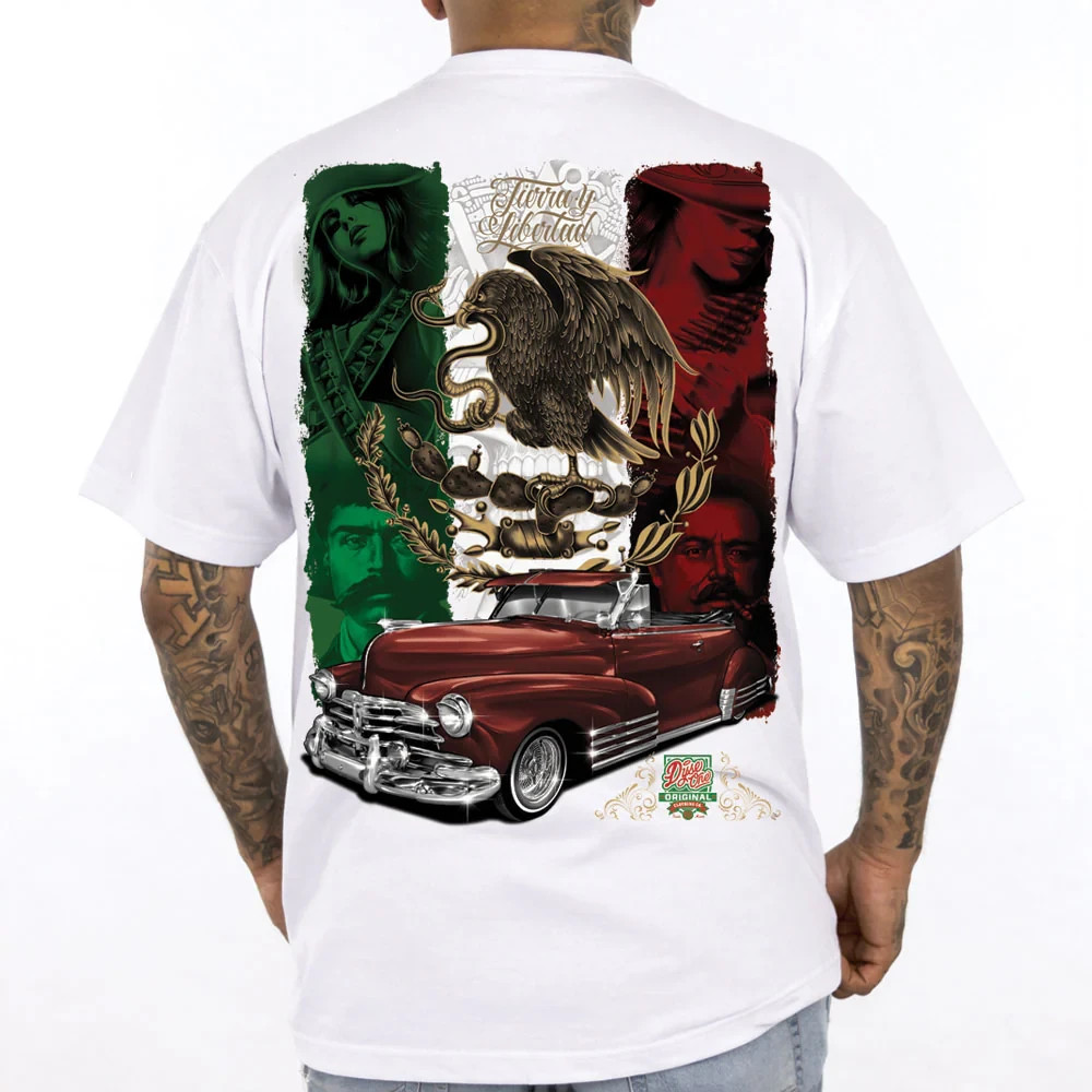 Tierra Y Libertad Men’s Shirt White Dyse One Chicano Art Mexican Flag Mexico