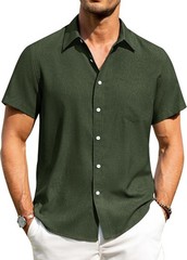 Men’s Linen Shirt Short Sleeve Button Down Wrinkle Free Casual Summer Beach Top