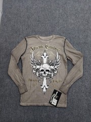 Affliction Xtreme Couture Shirt Men Small Brown Thermal Long Sleeve Skull Cross