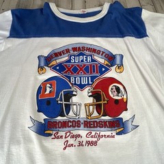 Super Bowl XXII Championship Commanders vs Broncos White and Blue Ringer T-shirt
