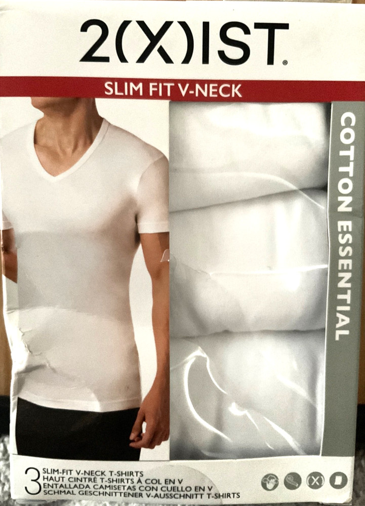 2(x)IST Slim Fit V-Neck Cotton Essential White T-Shirt Pack of 3 Size Medium NIB