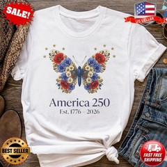 America 250 Butterfly T-Shirt, Patriotic Floral Tee, 4th of July T-Shirt S-5XL