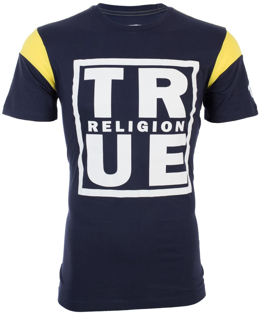 $79 TRUE RELIGION Navy SQUARE FOOTBALL Short Sleeve Designer Graphic T-shirt NWT