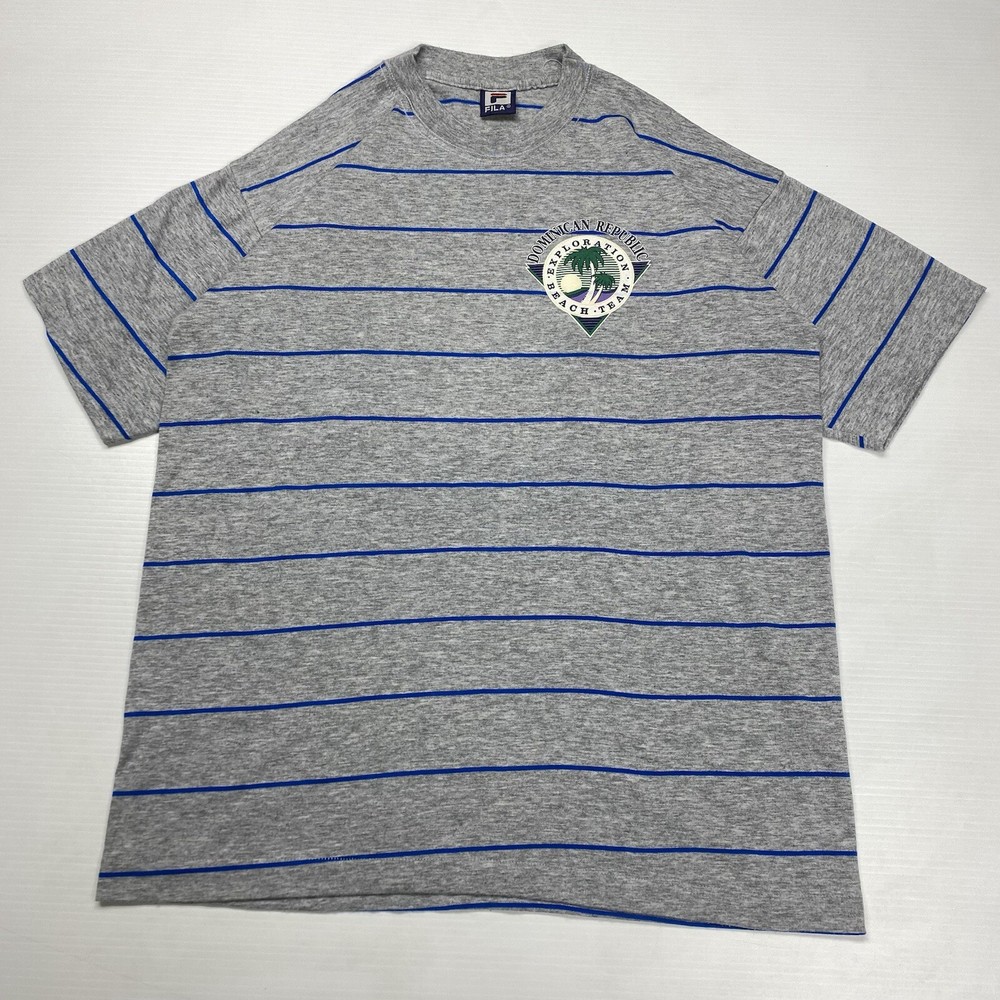 Vtg FILA Dominican Republic Beach Exploration Team Mens T-Shirt L Gray Striped