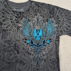 Y2K Xzavier Wings Cross Rhinestone AOP Shirt Men’s Large Gray Affliction Style