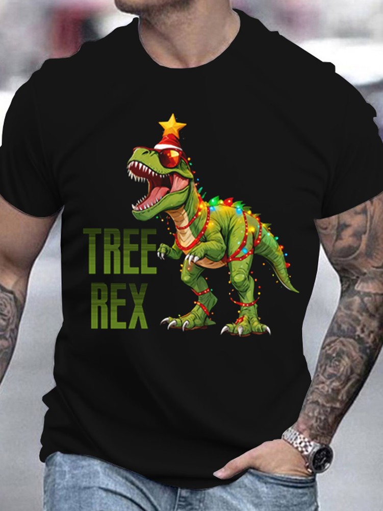 Men’S 3D Printed Christmas Tree Rex T-Shirt for Summer, Casual Round Neck, Shor