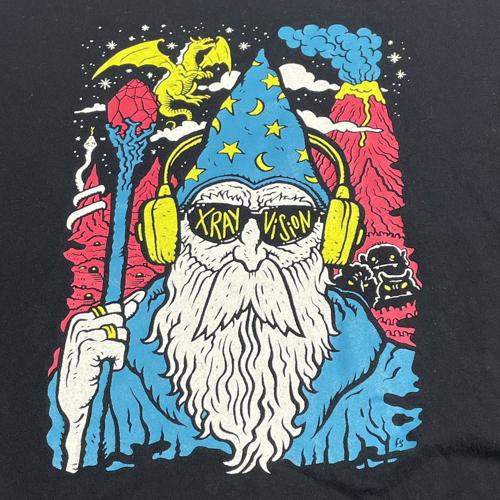 Adult T-Shirt, Black, Size M – Crooked X-Ray Vision Wizard Dragon Neon Graphic