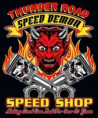 Old School Thunder Road Speed Demon Devil Speed Shop Gasser Race Car Work Shirt