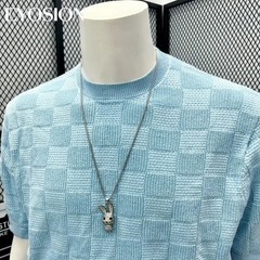 Men Knit Sweater Crewneck T-Shirt Plaid Checkered Casual Short Sleeve Tee Top