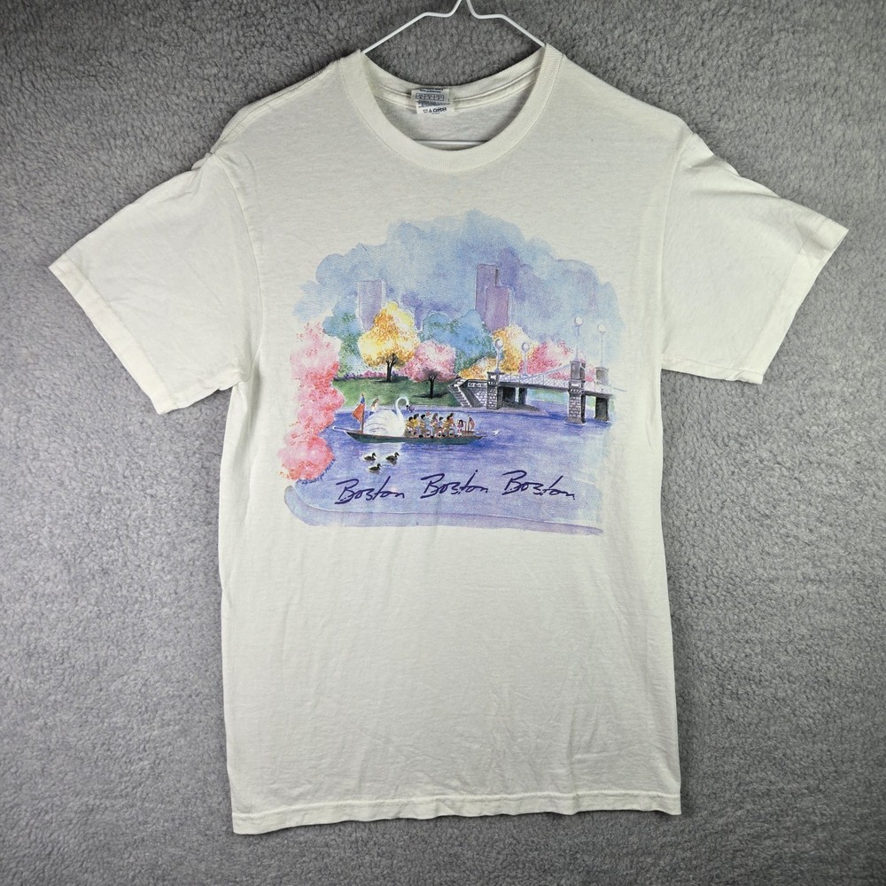 Boston Massachusetts Tourist Art T-Shirt Mens Small White Destination Painting