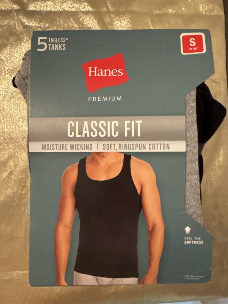 NEW Hanes Premium 5 Pack Tanks Classic Fit Black Gray Men’s Size Small 34-36″
