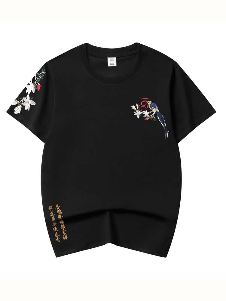 Niepce Men’s Flower and Birds Embroidery Tee Japanese Streetwear T-Shirt