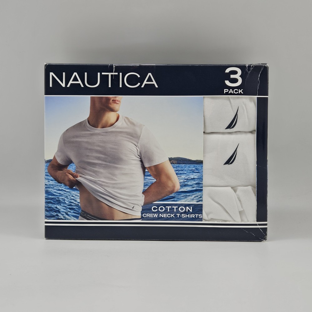 NAUTICA Men’s S M L 3 Pack White Soft Cotton Crew Neck T Shirts w Logo Tag Free