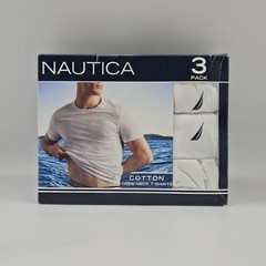 NAUTICA Men’s S M L 3 Pack White Soft Cotton Crew Neck T Shirts w Logo Tag Free
