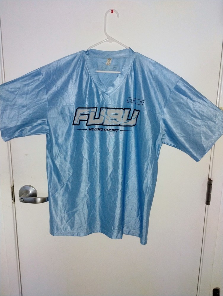 FUBU Men’s Hydro Sport Logo Tee Blue Polyester Satin V-Neck Short Sleeve XL
