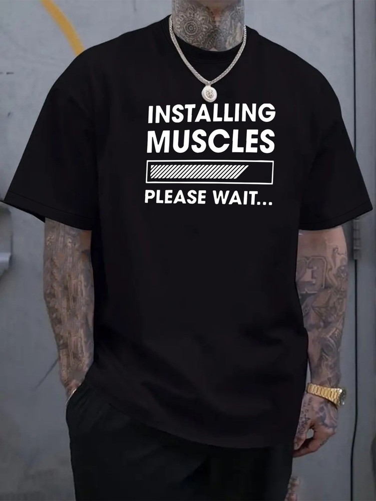Men’s casual T-shirt-fit muscle please wait “pattern cotton machine-washable loc
