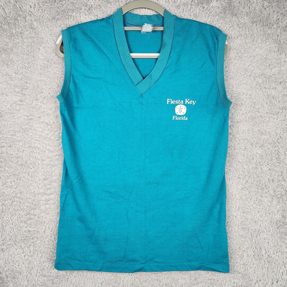 Vintage Fiesta Key Shirt Mens Medium Blue Sleeveless Diamond Florida Beach 70s