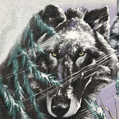 Vintage 93 black&gray wolf front/back snow scene single stitch on Fruity tag XL