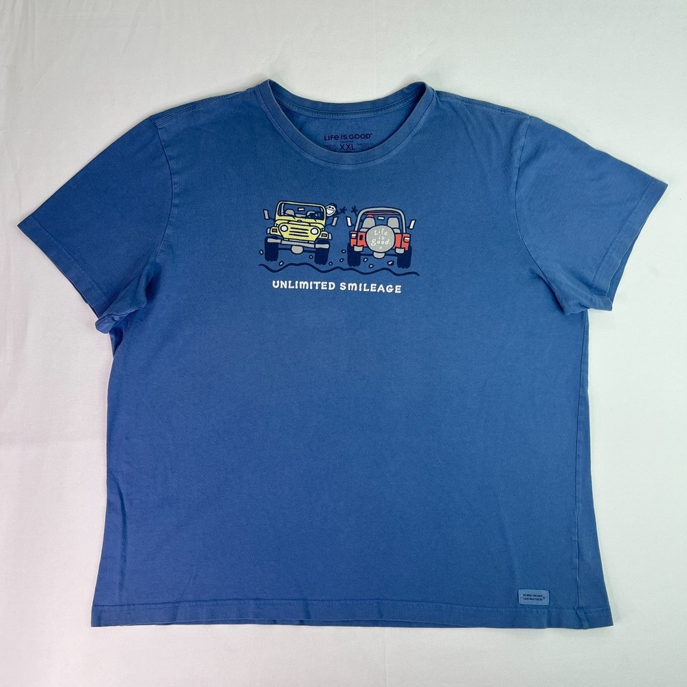 Life Is Good Mens XXL Blue Crusher Tee Unlimited Smileage Graphic Shirt