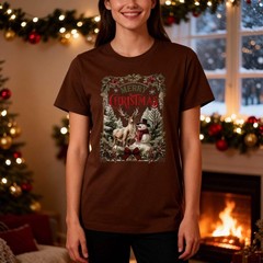Merry Christmas Graphic Unisex T Shirt With Deer Snowman In Winter Forest Scene