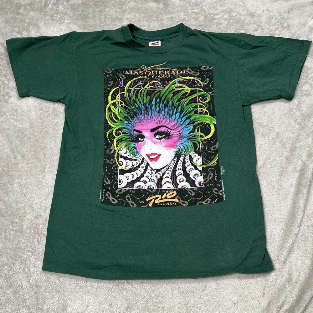 VTG Las Vegas Masquerade Tee Men L Green Single Stitch 1996 Andrea Mistretta Rio