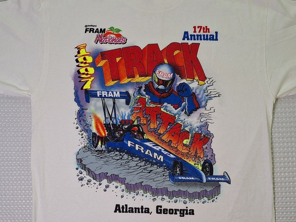 Vintage 1997 Fram Nationals Racing Track Atlanta Georgia T-shirt Size XL Oneita