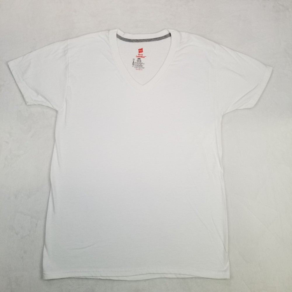 Hanes Men’s White Basic V-Neck T-Shirt Slim Fit Comfort Blend Size Medium Casual
