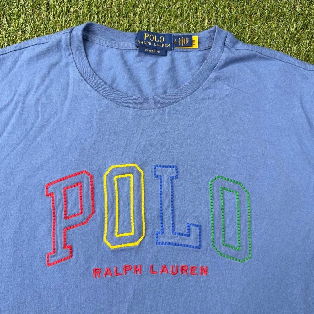 Polo Ralph Lauren Logo Spell Out Shirt Large Blue Classic Fit Preppy Pony Y2K