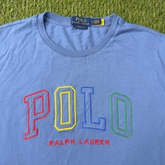 Polo Ralph Lauren Logo Spell Out Shirt Large Blue Classic Fit Preppy Pony Y2K
