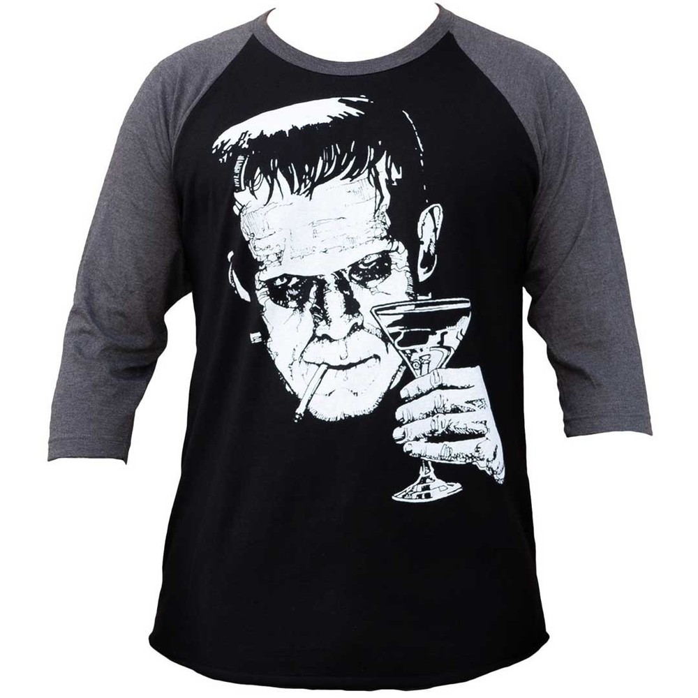 Lowbrow Art Monster Martini Frankenstein Black Gray Baseball Shirt Tee S-2XL