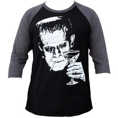 Lowbrow Art Monster Martini Frankenstein Black Gray Baseball Shirt Tee S-2XL