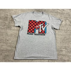 MTV T-Shirt Mens M Gray Music Television Checkered Logo Graphic Retro Tee