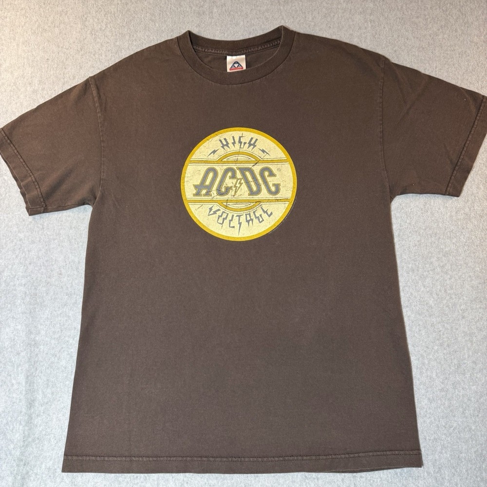 Y2K AC/DC High Voltage Band T Shirt Brown Graphic Rock Tee Men L Distressed Logo