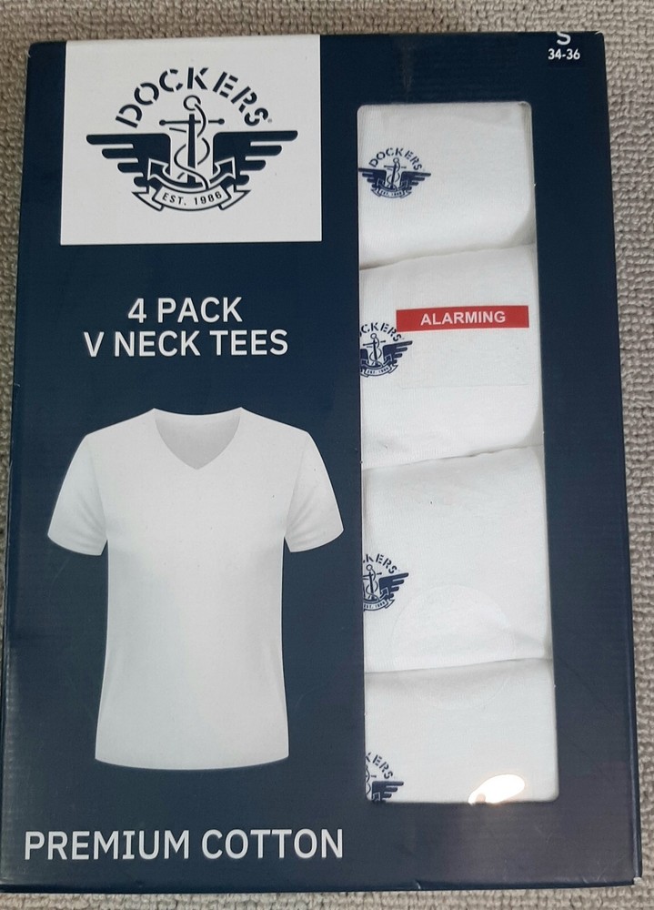 Men’s Short Sleeve V Neck T-shirt Size S 34-36 Dockers 4 Pk Premium Cotton White