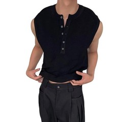Men’s Ribbed Vest Sleeveless For Henry Collar Slim Fit Streetwear Sports Top