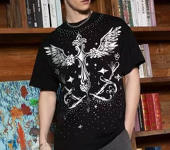 Men Fashion Luxury Trend Cross Wing Drills Rhinestone Diamond Streetwear T-Shirt