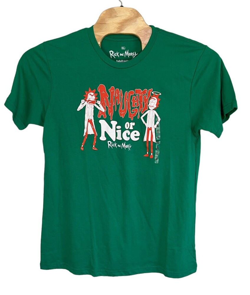 Rick and Morty T-Shirt XL Green Naughty or Nice Adult Swim Graphic Tee