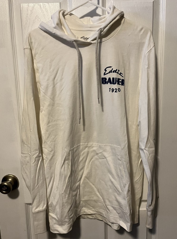 Eddie Bauer WHITE LONG SLEEVE HOODED LIGHT WEIGHT COTTON LOGO SHIRT SIZE MED.