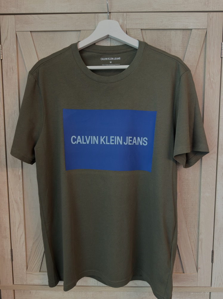 Calvin Klein Jeans T-Shirt Olive Green Blue Box Logo Medium Brand New Tags Mens