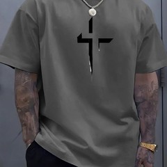 Men T Shirt 100% Cotton Round Neck Short Sleeve Cross Print Plus Size Loose Fit