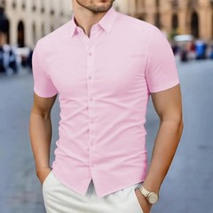 Men Shirt Short Sleeve Solid Color Business Casual Summer Wrinkle Free Top Soft
