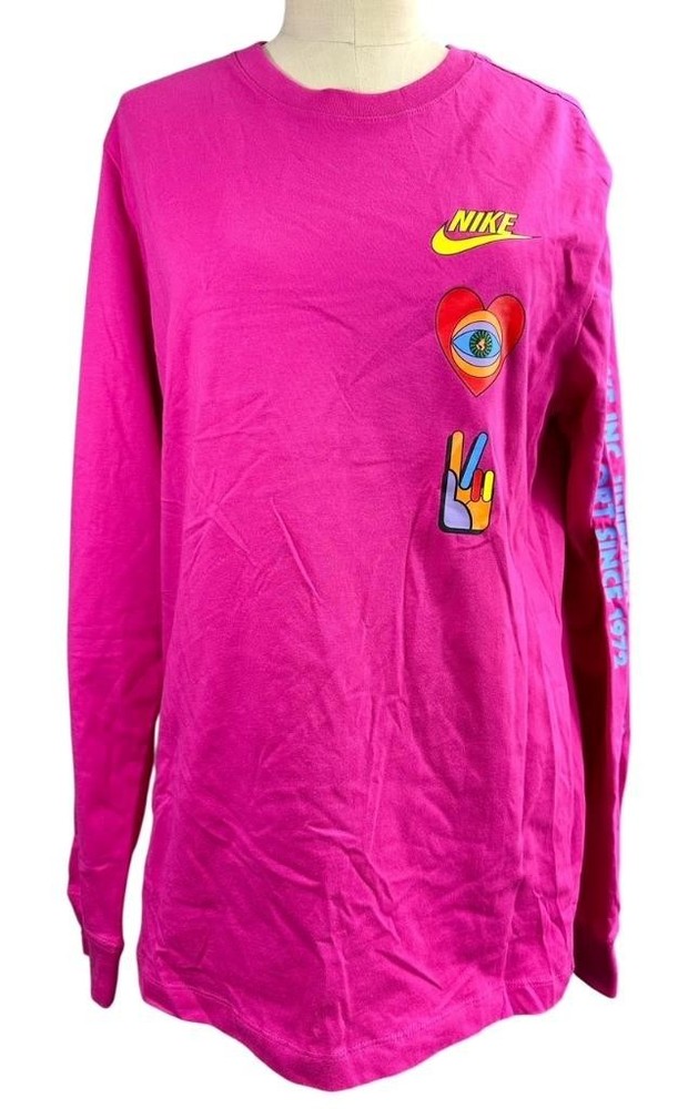 NWT Nike Pink Peace Psychedelic Smiley Face L / Sleeve T-Shirt DX1053-621 Size M