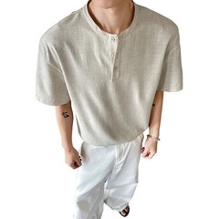 Men’s Casual Lightweight T Shirt Imitation Linen Texture Collar Design