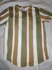 Original Use Green Brown White Striped Short Sleeve Curved Hem T-Shirt, Childs S